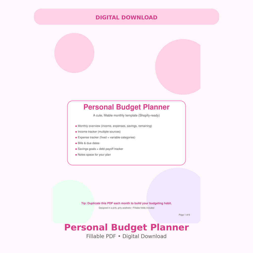 Cute Monthly Budget Planner | Digital Download (Fillable PDF)