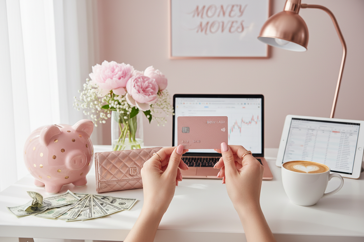 Girly finance workspace with piggy bank